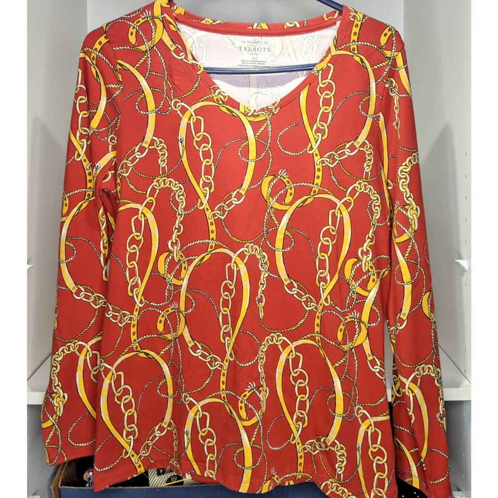 Talbots Tee Long Sleeve 95% Cotton 5% Spandex V Neck Burnt Orange Gold L Petite - Picture 5 of 5